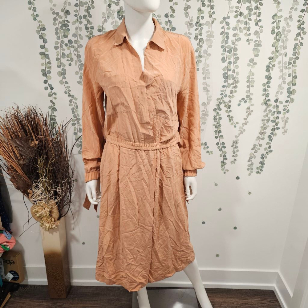 Vince Blush Silk Slit Back Shirt Midi Dress Sz L Pre-Owned